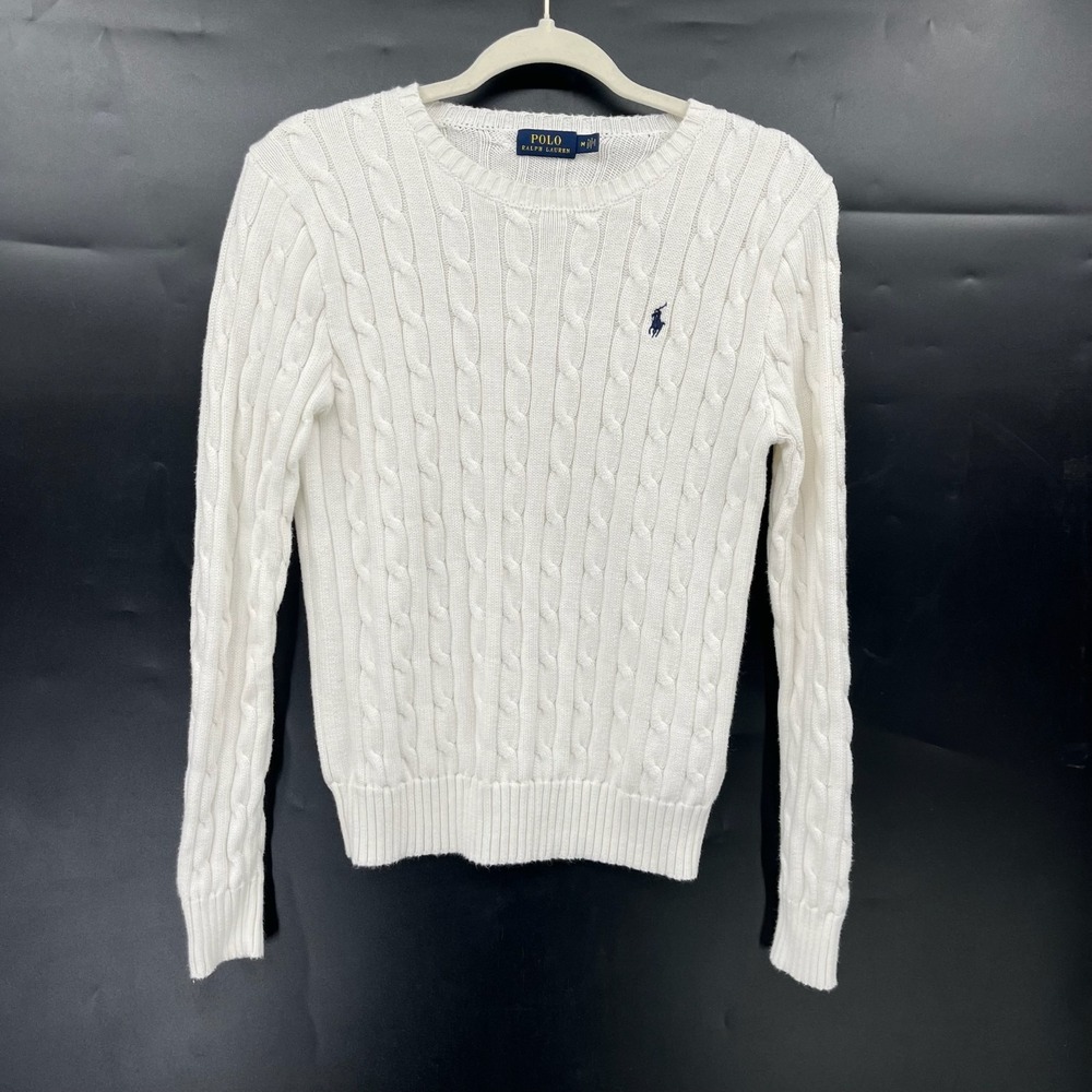 Polo Ralph Lauren White cable Knit sweater cotton fisherman preppy old money M